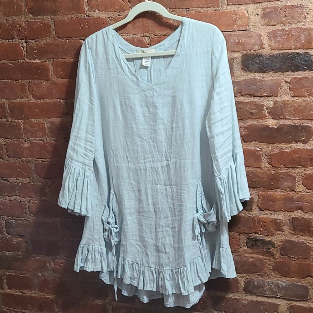 100% linen, VDesigns, long shirt, very flattering